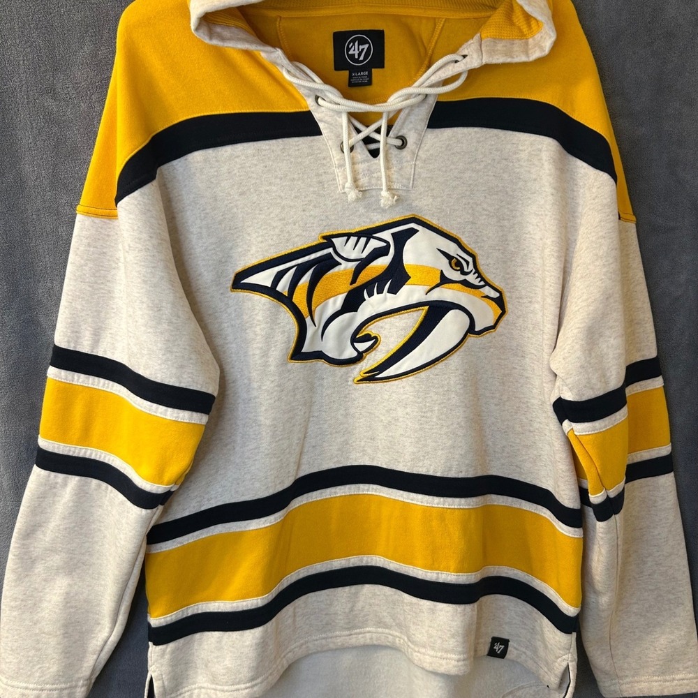 47 Brand Nashville Predators NHL Lacer Hoodie Mens XL Oatmeal Gold Lace Up Logo